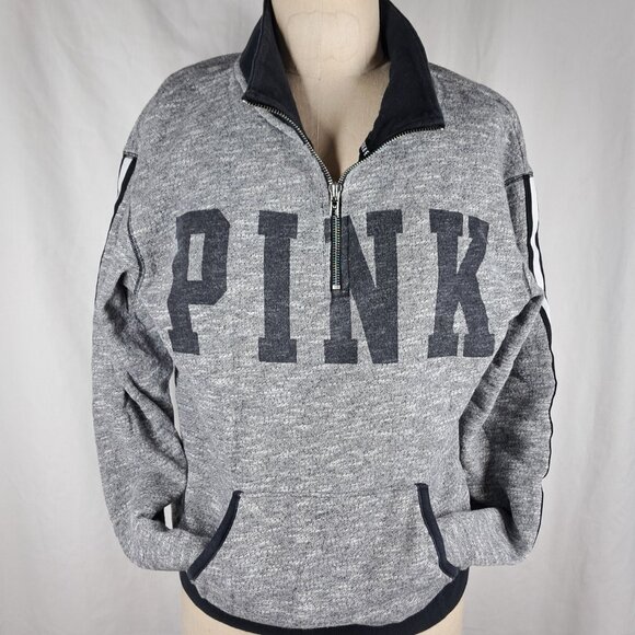 V/S PINK Limited Edition  XS Quarter Zip Pullover Front Pocket Fleece Gray White - Picture 1 of 11